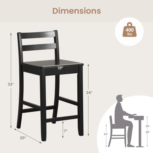 Wooden Bar Stools Set of 2 with Ergonomic Backrest and Footrest-Black - Color: Black