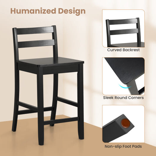 Wooden Bar Stools Set of 2 with Ergonomic Backrest and Footrest-Black - Color: Black