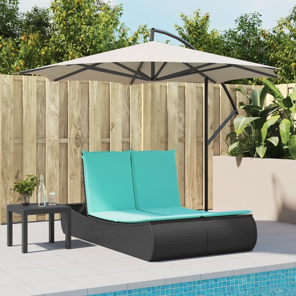 Double Sun Lounger with Cushions Black Poly Rattan