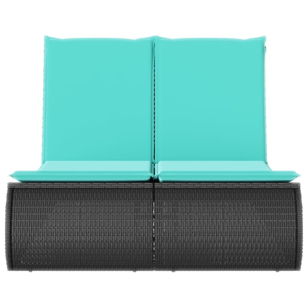 Double Sun Lounger with Cushions Black Poly Rattan