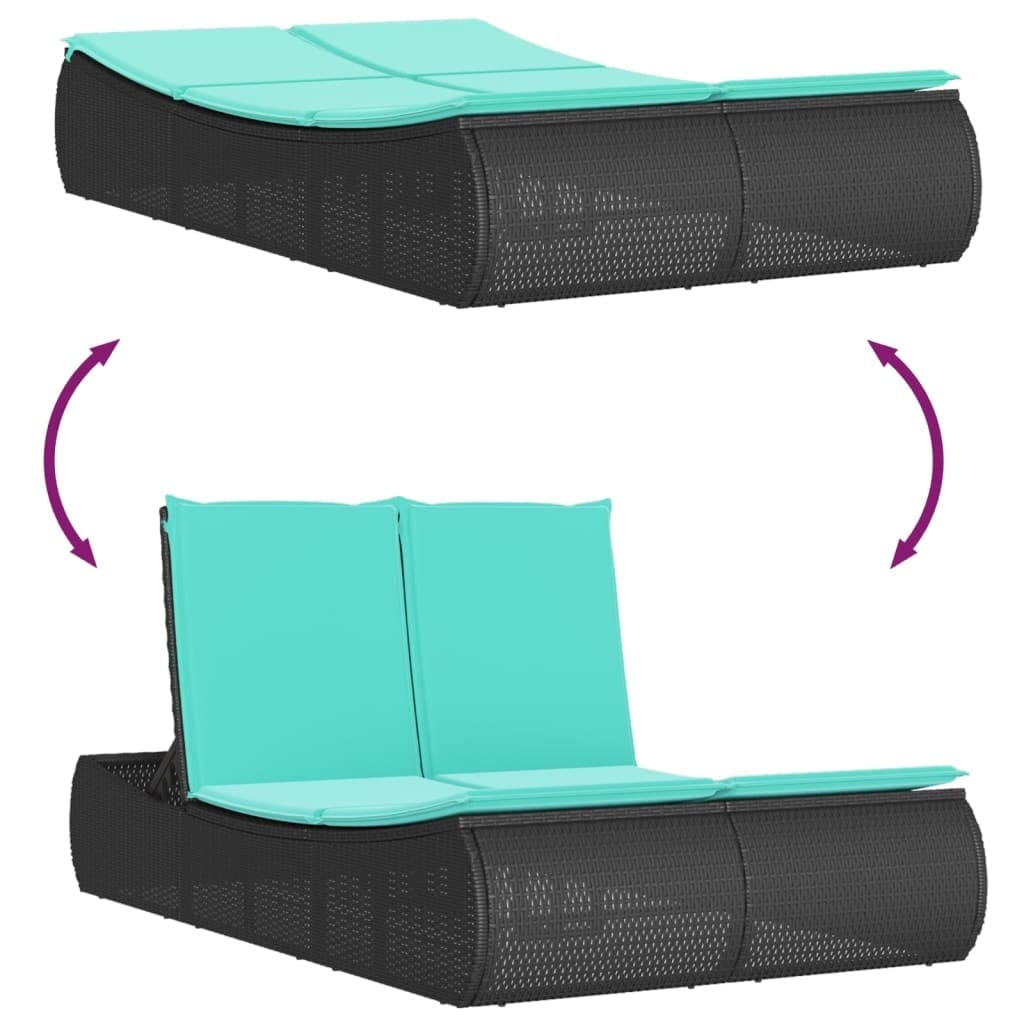 Double Sun Lounger with Cushions Black Poly Rattan
