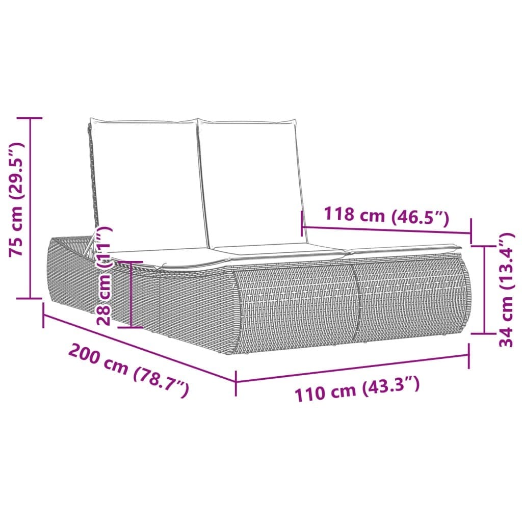 Double Sun Lounger with Cushions Black Poly Rattan
