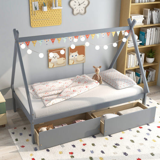 Twin Size Wooden Tent Platform House Bed with 2 Drawers-Gray