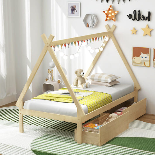 Twin Size Wooden Tent Platform House Bed with 2 Drawers-Gray