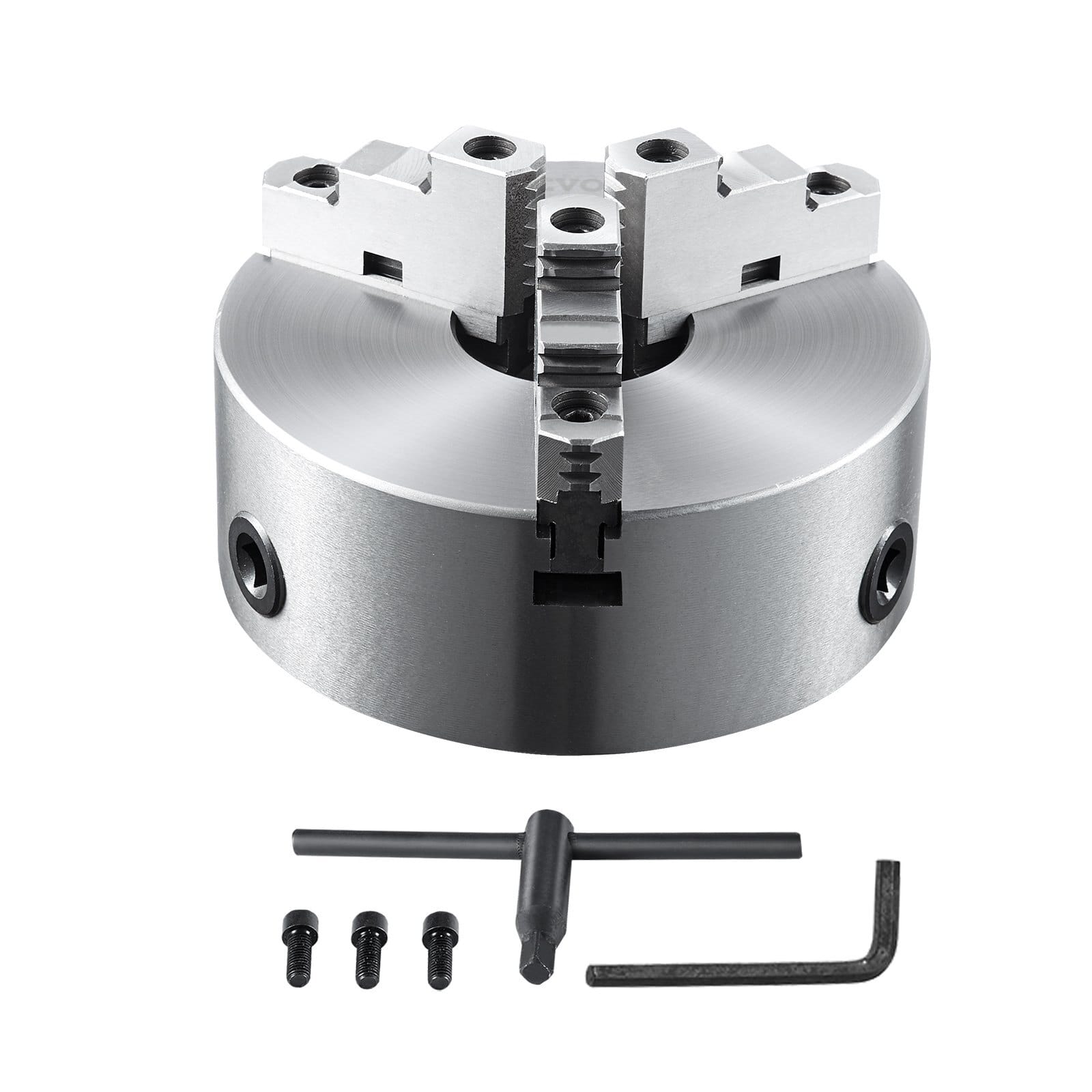 3-Jaw Lathe Chuck, 10'', Self-Centering Lathe Chuck, 0.24-9.84 in/6-250 mm Clamping Range with T-key Fixing Screws Hexagon Wrench, for Lathe 3D Printer Machining Center Milling Drilling Machine