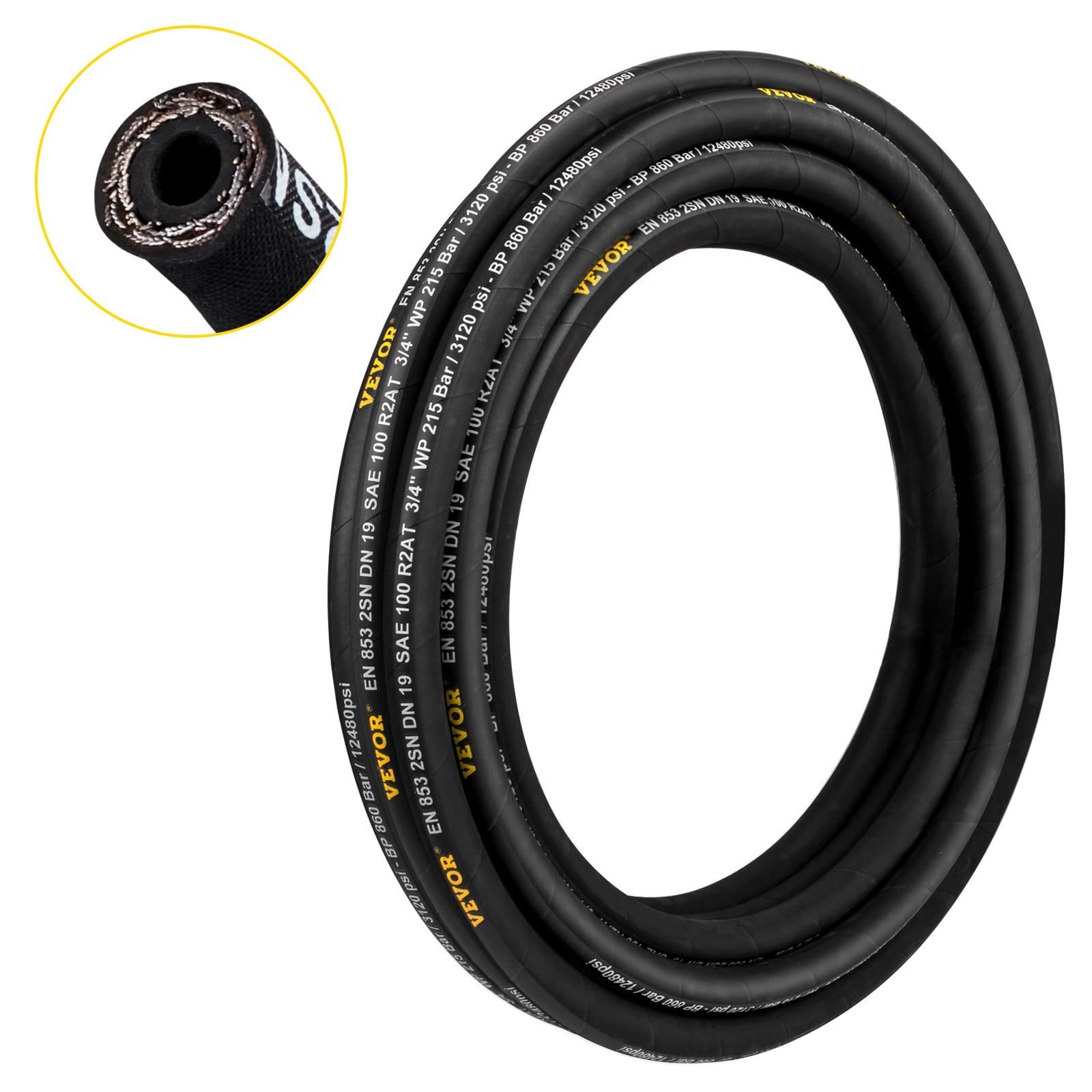 Hydraulic Hose 3/4 inch x 50 ft, Coiled Hydraulic Hose 3120 PSI, Rubber Hydraulic Hose with 2 High-Tensile Steel Wire Braid, Bulk Hydraulic Hose -20?„? to 140?„?, Hydraulic Oil Flexible Hose