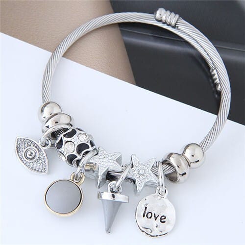 Love Theme Eye Pendant Beads Fashion Bracelet - Gray