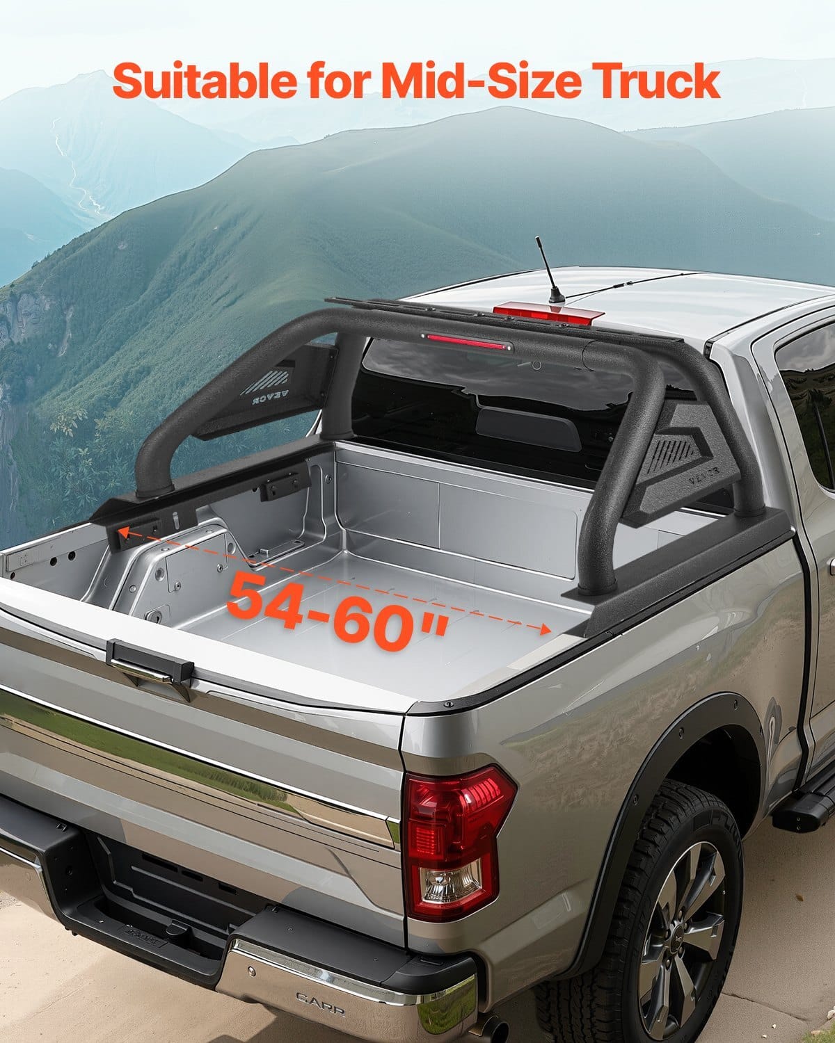 Truck Bed Roll Bar, Universal Pickup Sport Adjustable Bar Chase Rack Compatible with Mid-Size Truck, Carbon Steel Construction with LED Brake Light, No Rack Included