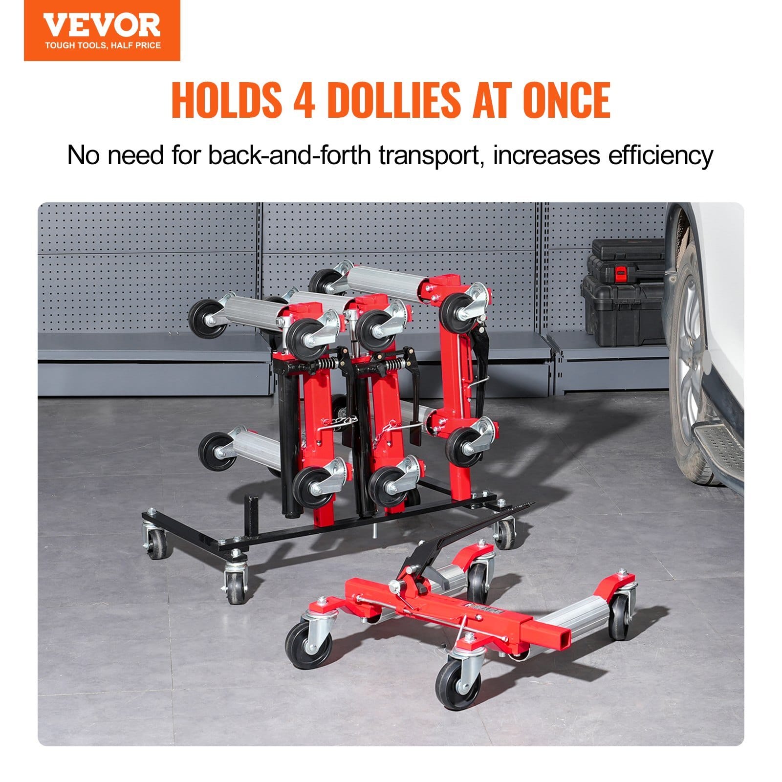 Car Dolly Rack, Storage Rack with 360?° Rotatable Wheels, Hydraulic Ratchet Trolley Jack Stand Organizer, Jack Stands Holder Storage Rack, 4-Dolly Capacity, Compatible with Most Dollies