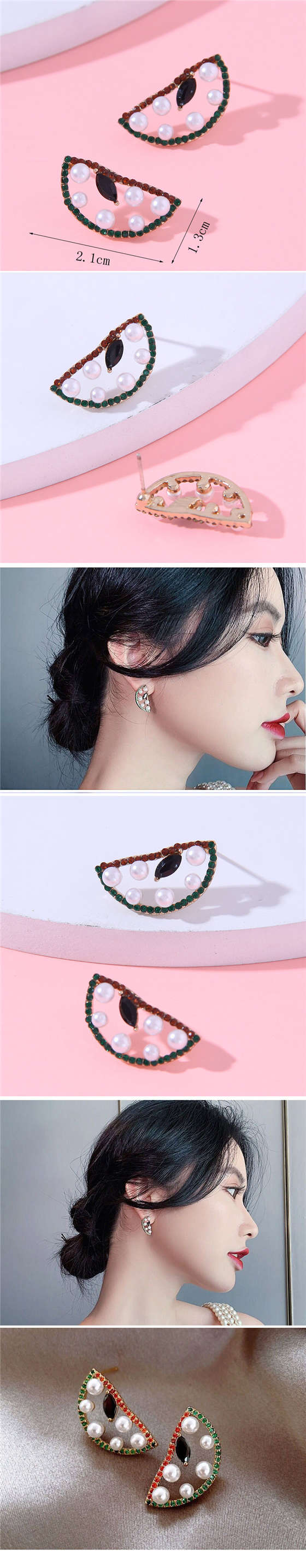 Pearl and Rhinestone Embellished Hollow Watermelon Design Wholesale Women Stud Earrings
