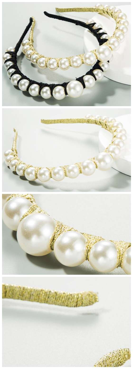 Pearl Embellished Thin Style Elegant Women Hair Hoop - Golden