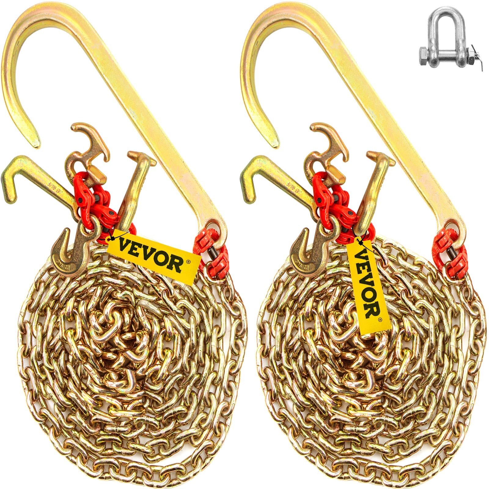 J Hook Chain, 2PCS 5/16" x 10' G80 15" Long Shank J Hook Tow Chain with RTJ Cluster Hook & Grab Hook, 5400 lbs Working Load, Heavy Duty Transport Truck Chain for Wrecker Recovery Trailer Towing