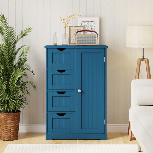 Costway Free-Standing Wooden Cabinet with 4 Drawers and Door Cabinet-Blue