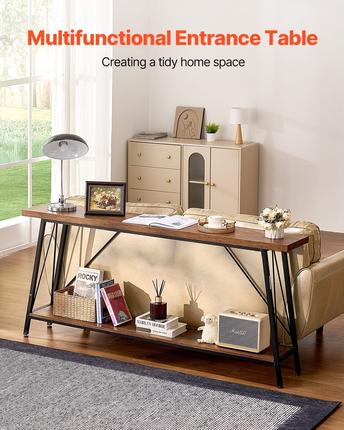 Narrow Console Sofa Table, 70.9 inches Behind Couch Table, 2-Tier Long Entryway Table and Skinny Hallway Table, Narrow Sofa Table with Metal Frame, for Entryway, Hallway, Living Room & Bedroom