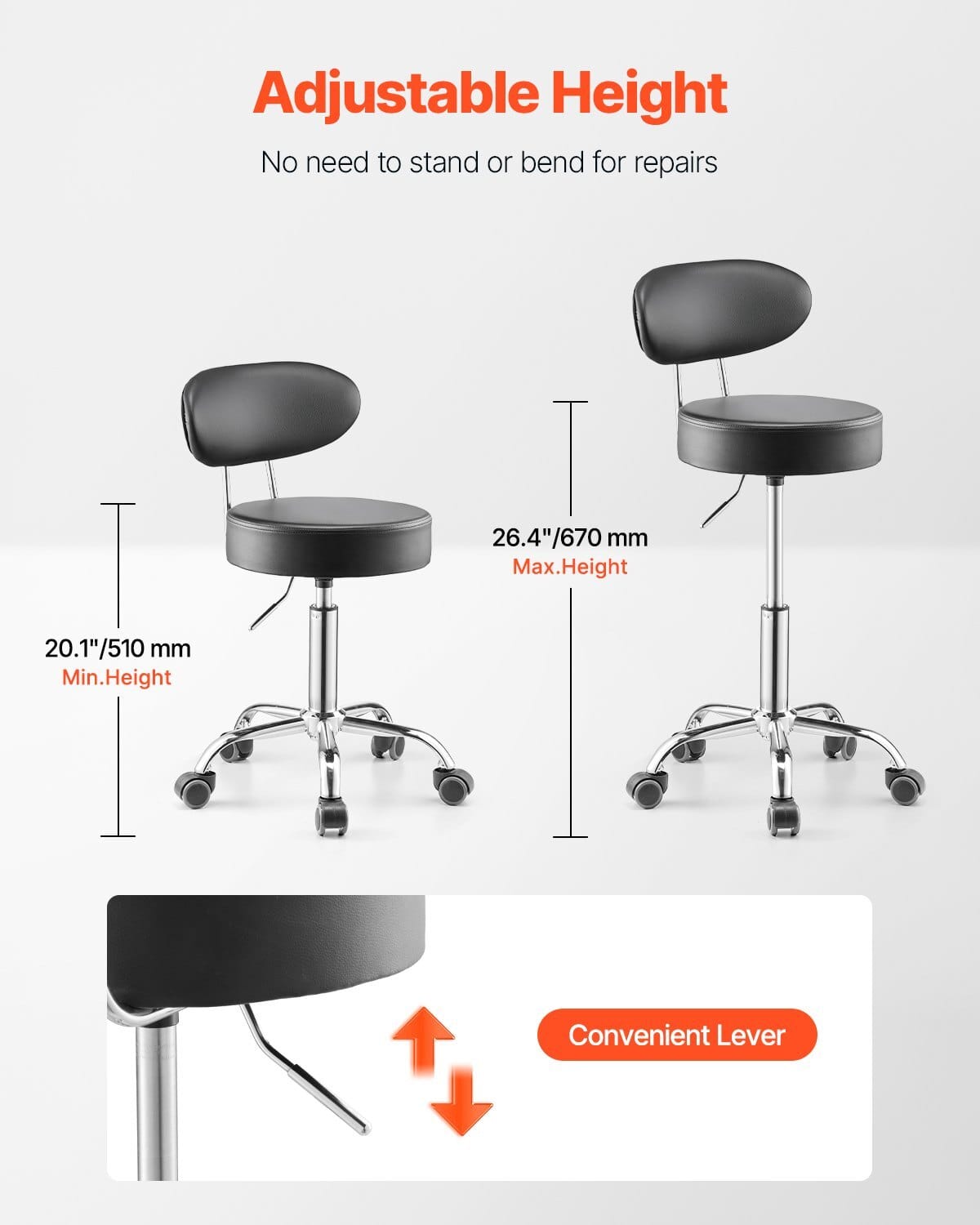 Shop Stool with Backrest, Pneumatic Garage Seat/Work Stool with Wheels, 300 lbs Load, Adjustable Roller Creeper Seat, 360?° Swivel Padded Workshop Stool, for Garage, Shop & Auto Repair, Black