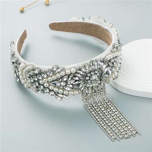 Fine Craftsmanship French Style Pearl Fringe Luxurious Bejeweled Women Headband - White