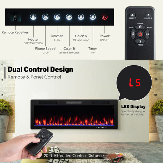 Electric Fireplace 40/50/60 Inches Recessed and Wall Mounted for 2' x 6' Stud-50 inches - Color: Black - Size: 50 inches