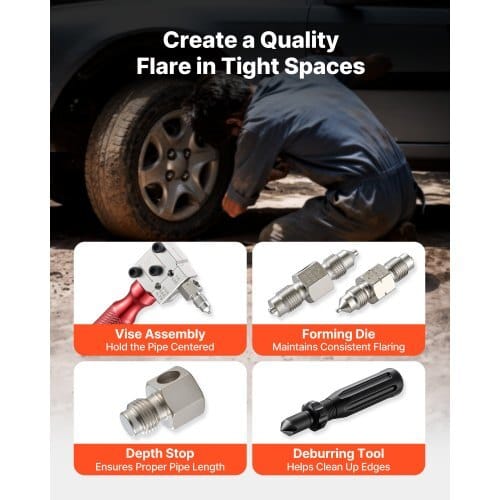 Brake Line Flaring Tool Kit, 45?° Single & Double Flare Tool for 3/16", 1/4" Copper Tubing - with 2 Forming Dies, Deburring Tool & Toolbox for Automotive Brake Hydraulic Line Repair