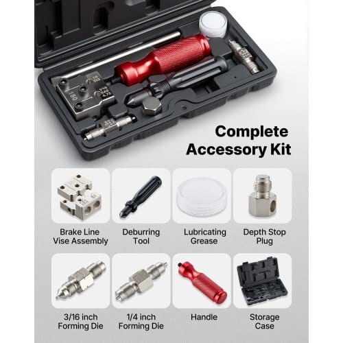 Brake Line Flaring Tool Kit, 45?° Single & Double Flare Tool for 3/16", 1/4" Copper Tubing - with 2 Forming Dies, Deburring Tool & Toolbox for Automotive Brake Hydraulic Line Repair
