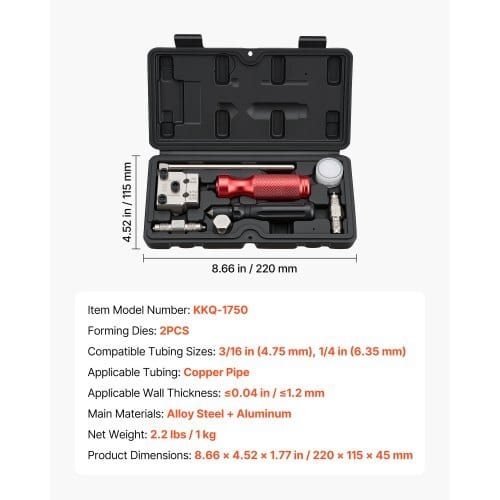 Brake Line Flaring Tool Kit, 45?° Single & Double Flare Tool for 3/16", 1/4" Copper Tubing - with 2 Forming Dies, Deburring Tool & Toolbox for Automotive Brake Hydraulic Line Repair