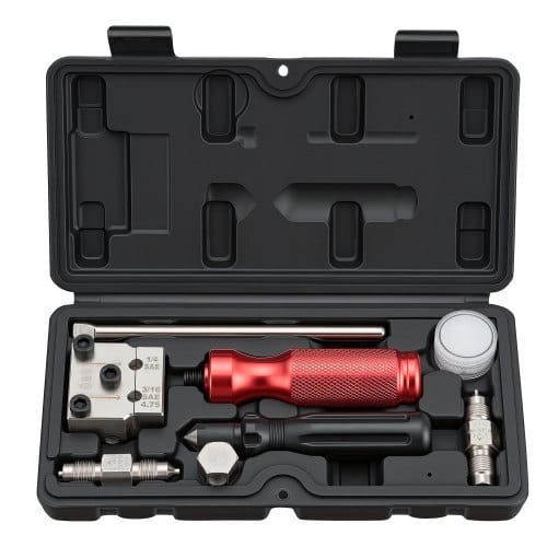 Brake Line Flaring Tool Kit, 45?° Single & Double Flare Tool for 3/16", 1/4" Copper Tubing - with 2 Forming Dies, Deburring Tool & Toolbox for Automotive Brake Hydraulic Line Repair