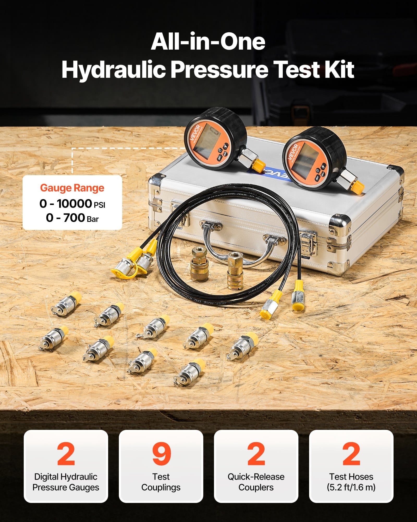 Digital Hydraulic Pressure Test Coupling Kit, 10000 PSI Pressure Gauge Manometer Tester with 2 Gauges, 9 Test Couplings, 2 Quick-Release Couplers, 2 Hoses for Excavator Construction Machinery
