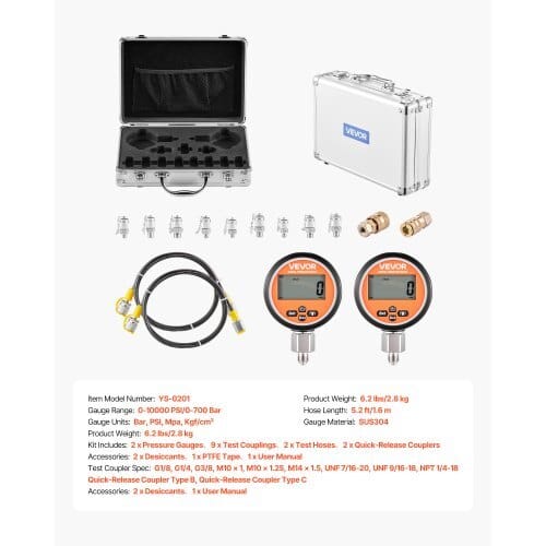 Digital Hydraulic Pressure Test Coupling Kit, 10000 PSI Pressure Gauge Manometer Tester with 2 Gauges, 9 Test Couplings, 2 Quick-Release Couplers, 2 Hoses for Excavator Construction Machinery