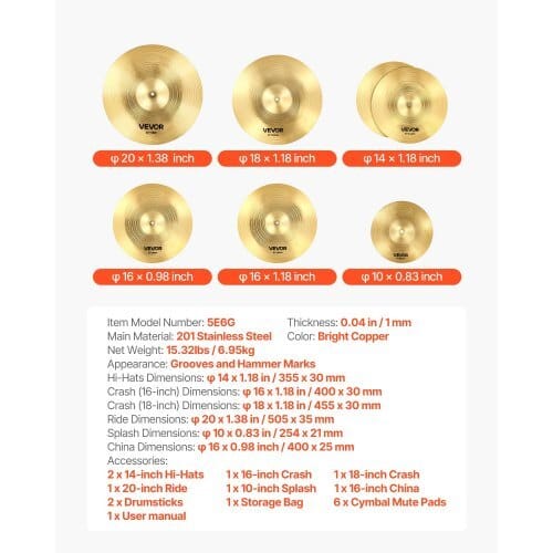 Cymbal Pack, 6 Pieces Cymbals for Drum Set, Alloy Cymbals Drum Set Includes 14-inch Hi-Hats, 16-inch Crash, 18-inch Crash, 20-inch Ride, 10-inch Splash, 16-inch China, Drumsticks & Cymbal Bag