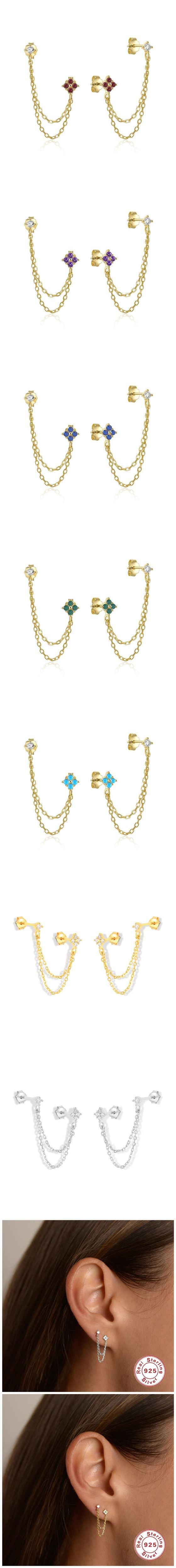 925 Sterling Silver Rhinstone Inlaid Chain Tassel Wholesale Women Stud Earrings
