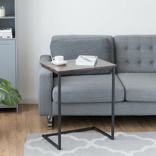 C-shaped Industrial End Table with Metal Frame - Color: Rustic Brown