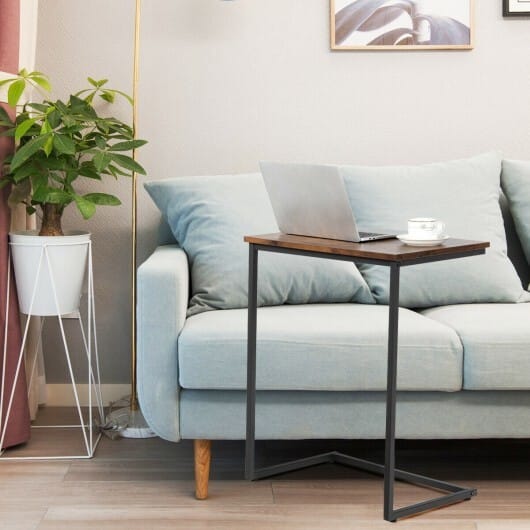 C-shaped Industrial End Table with Metal Frame - Color: Rustic Brown