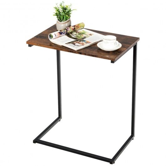 C-shaped Industrial End Table with Metal Frame - Color: Rustic Brown