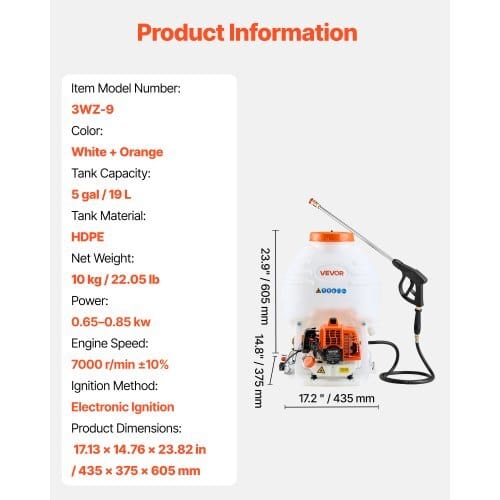 Gas Powered Backpack Sprayer, 26.5CC 0.9HP Engine, Garden Sprayer with 5 Gallon Tank, Large Area Coverage, Lawn Spraying Machine with 24 in Wand & Nozzles for Efficient Gardening & Farming