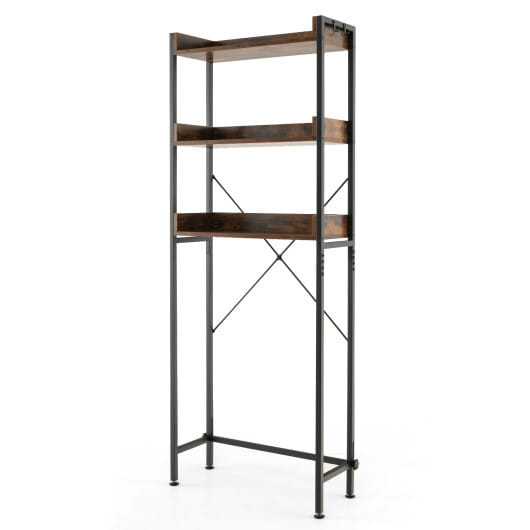 Costway Over The Toilet Storage Rack with Hooks and Adjustable Bottom Bar-Rustic Brown - Color: Rustic Brown