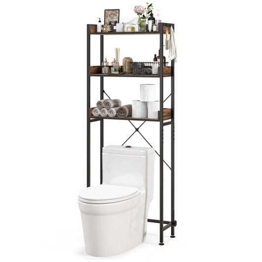Costway Over The Toilet Storage Rack with Hooks and Adjustable Bottom Bar-Rustic Brown - Color: Rustic Brown
