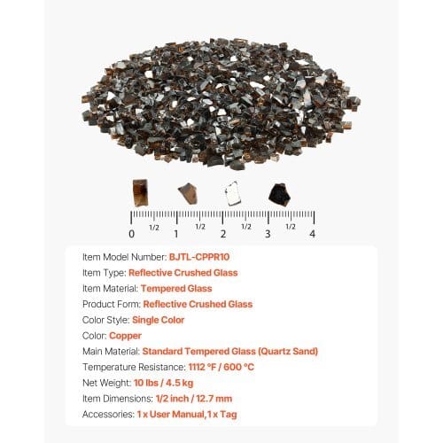 Fire Glass, 10 LBS / 4.5 KG High-Temperature Resistant Fireplace Rocks, 1/2-Inch / 12.7 mm Reflective & Smokeless Firepit Glass Rock, High Luster Stone Landscaping for Fire Pit Table, Copper