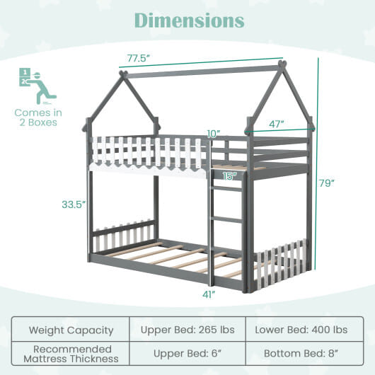 Twin Over Twin Bunk Bed with Fence and Ladder for Kids-Gray - Color: Gray - Size: Twin Size