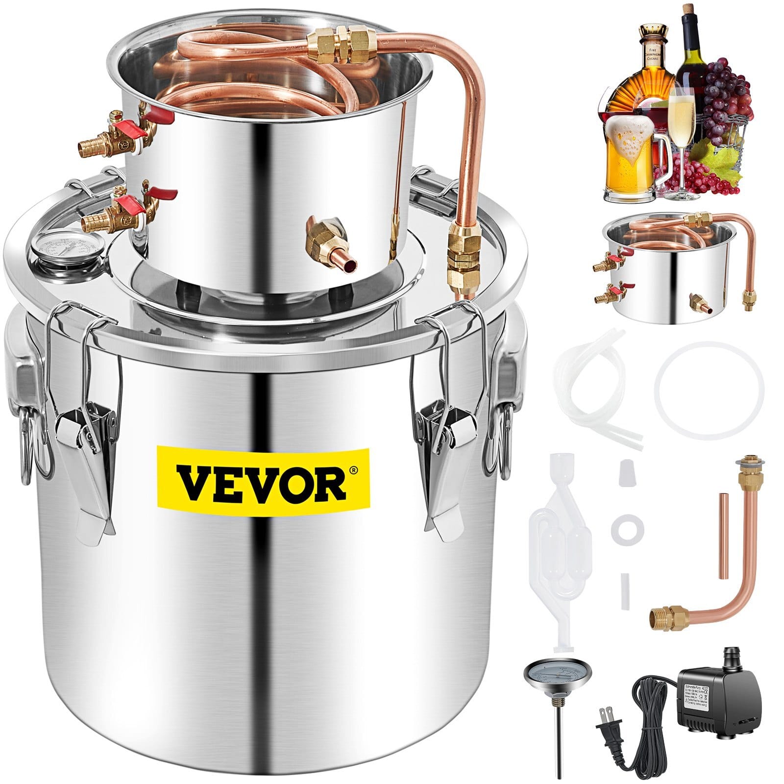 Alcohol Still 13.2Gal/50L, Alcohol Distiller with Circulating Pump, Alcohol Still Copper Tube, Whiskey Distilling Kit with Build-In Thermometer, Whiskey Making Kit for DIY Alcohol, Stainless Ste