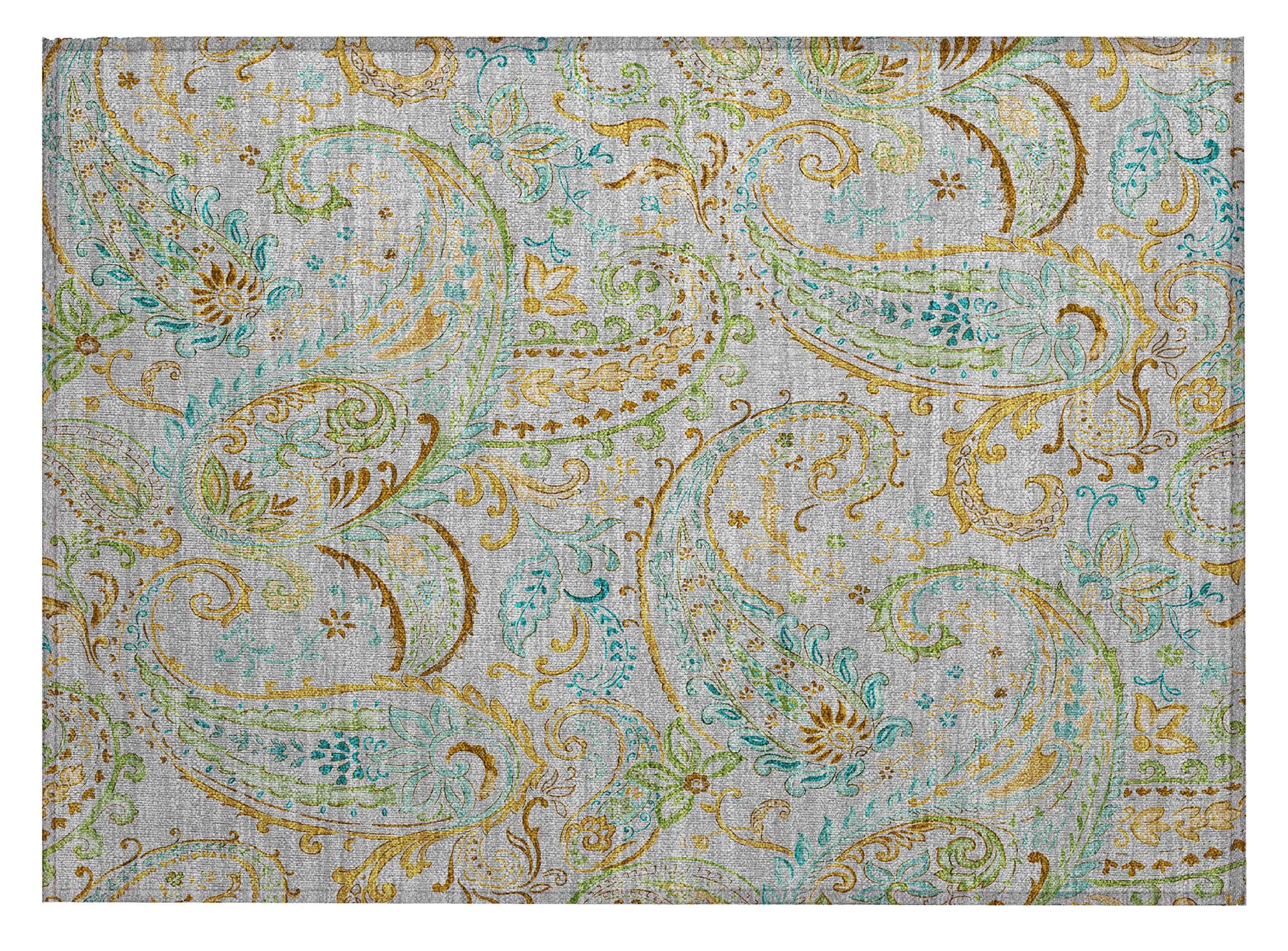 2' X 3' Gray and Gold Paisley Washable Non Skid Indoor Outdoor Area Rug