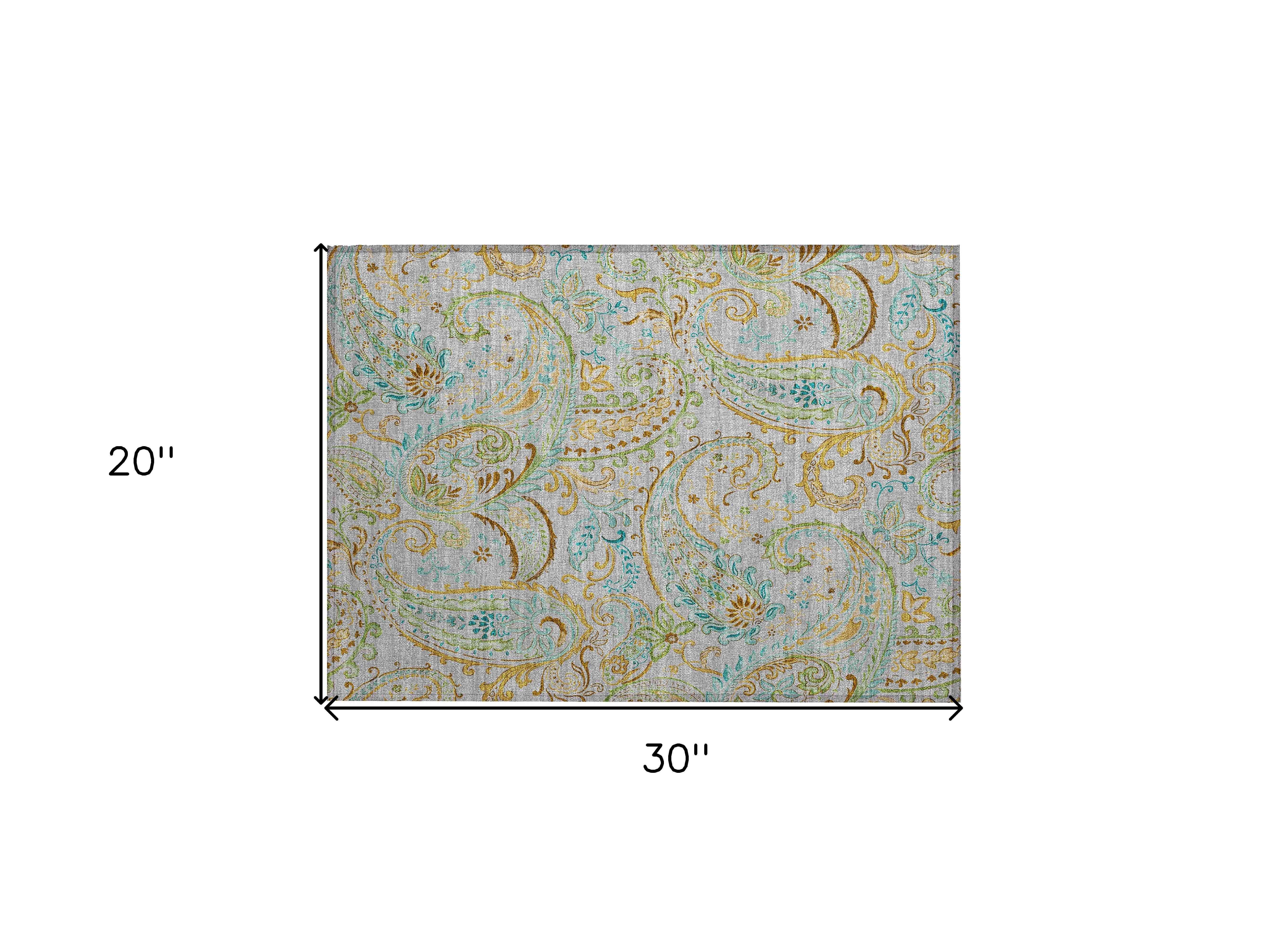 2' X 3' Gray and Gold Paisley Washable Non Skid Indoor Outdoor Area Rug