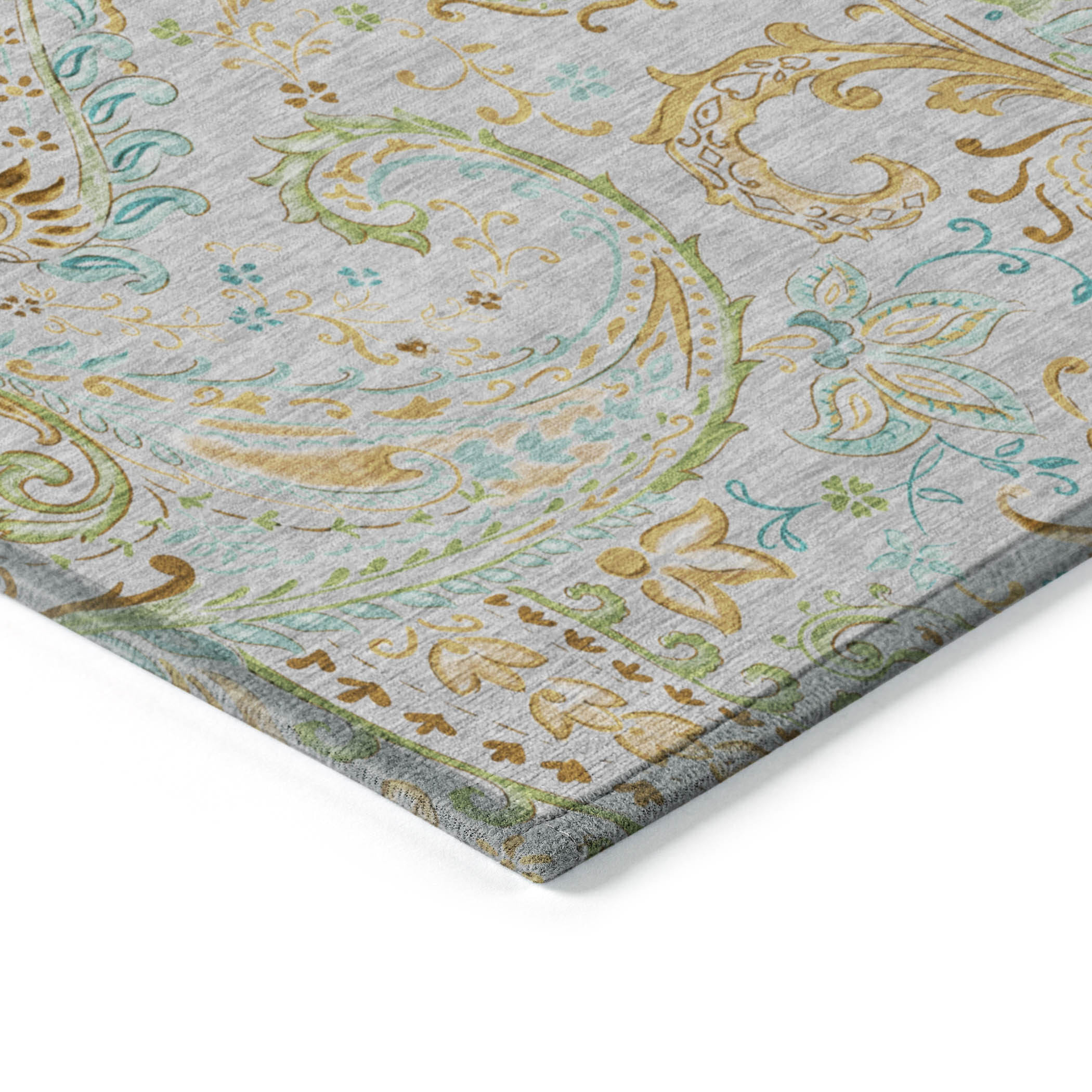 2' X 3' Gray and Gold Paisley Washable Non Skid Indoor Outdoor Area Rug