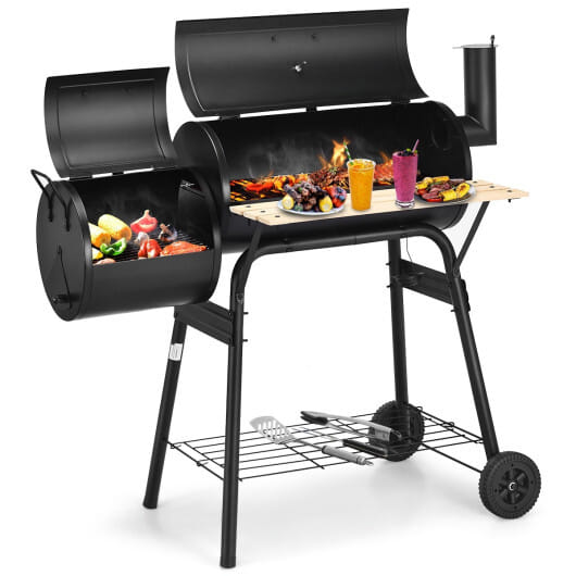 Low Smoke Outdoor BBQ Grill Steel Barbecue Cooker with Firebox - Color: Black