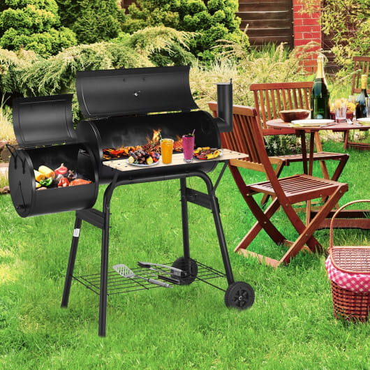 Low Smoke Outdoor BBQ Grill Steel Barbecue Cooker with Firebox - Color: Black