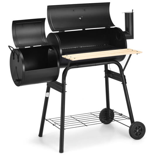 Low Smoke Outdoor BBQ Grill Steel Barbecue Cooker with Firebox - Color: Black
