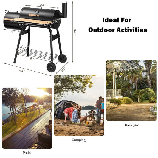 Low Smoke Outdoor BBQ Grill Steel Barbecue Cooker with Firebox - Color: Black