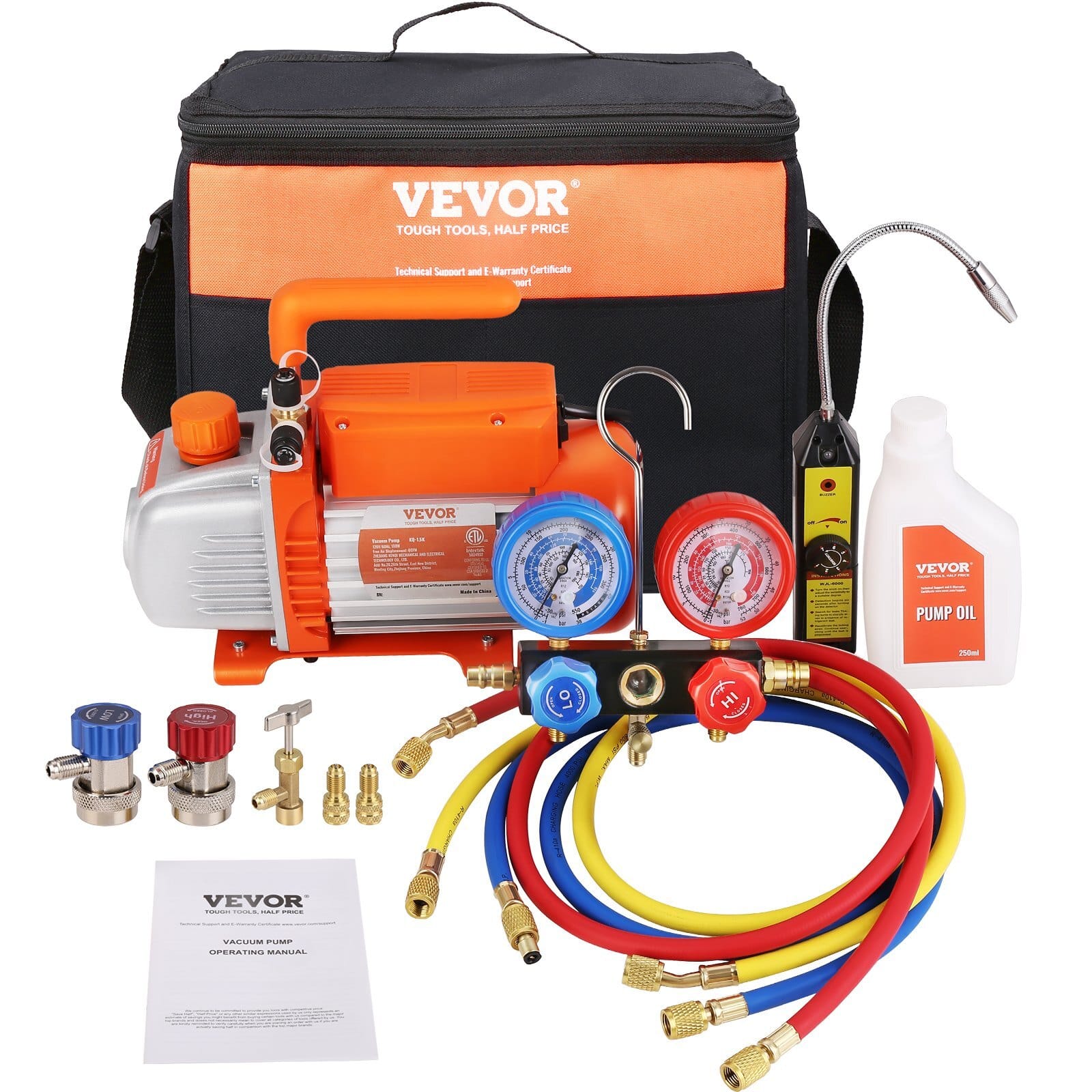 1/4 HP 4.5 CFM AC Vacuum Pump and Gauge Set, Single Stage Rotary Vane HVAC Air Vacuum Pump A/C Refrigerant Kit Manifold Gauge Set, with Three-Color Hose Carry Bag, Applicable to R134a, R410a