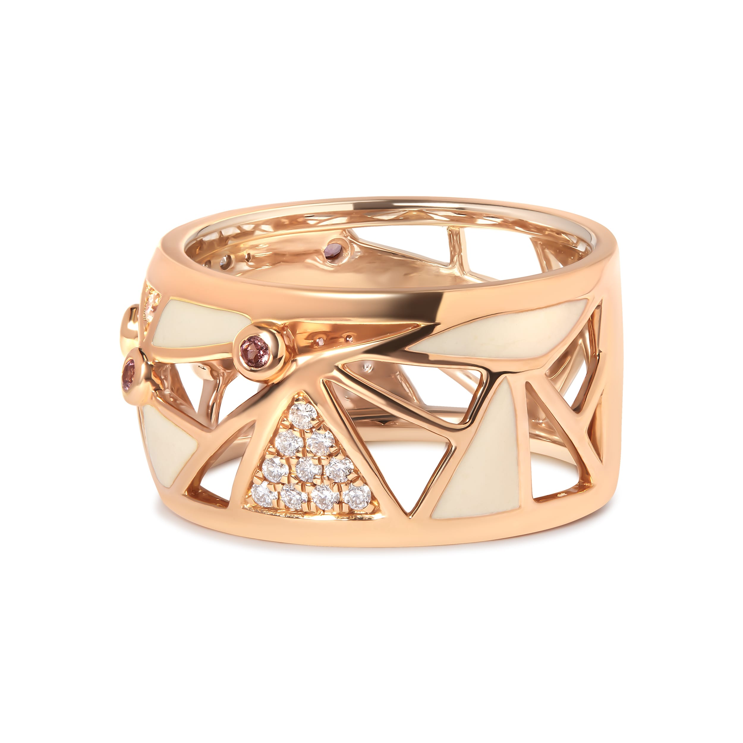 14K Rose Gold 1/3 Cttw Diamond and Pink Tourmaline Cigar Band Ring with White Enamel (G-H Color, SI1-SI2 Clarity)