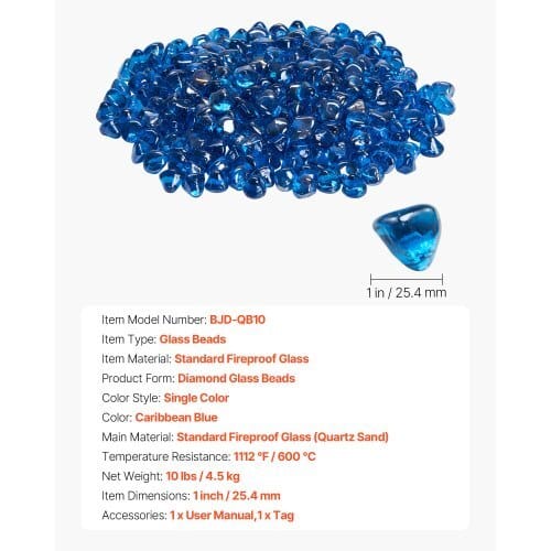 Fire Glass, 10LBS / 4.5KG High-Temperature Resistant Fireplace Rocks, 1 Inch / 25.4 mm Reflective Firepit Glass Diamond Beads, High Luster Stone Landscaping for Fire Pit Table, Caribbean Blue