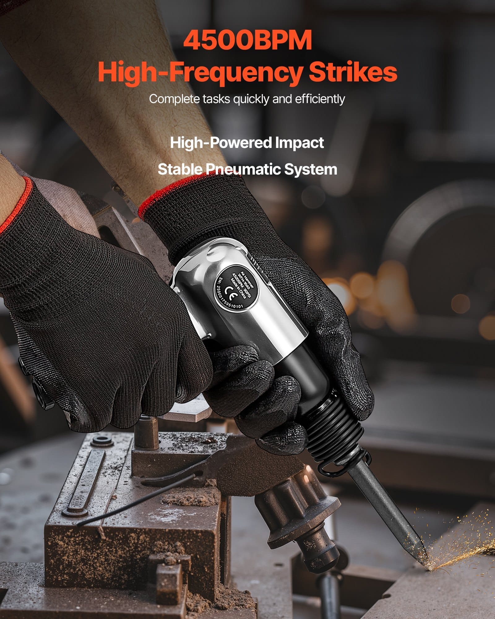 Air Hammer, 4500BPM Pneumatic Hammer with 1.57-inch Stroke & 4PCS Chisels Round Shank, Lightweight & Compact Air Chisel Pneumatic Shovel Tool for Cutting Punching Scraping