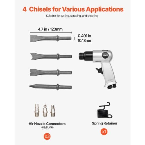 Air Hammer, 4500BPM Pneumatic Hammer with 1.57-inch Stroke & 4PCS Chisels Round Shank, Lightweight & Compact Air Chisel Pneumatic Shovel Tool for Cutting Punching Scraping
